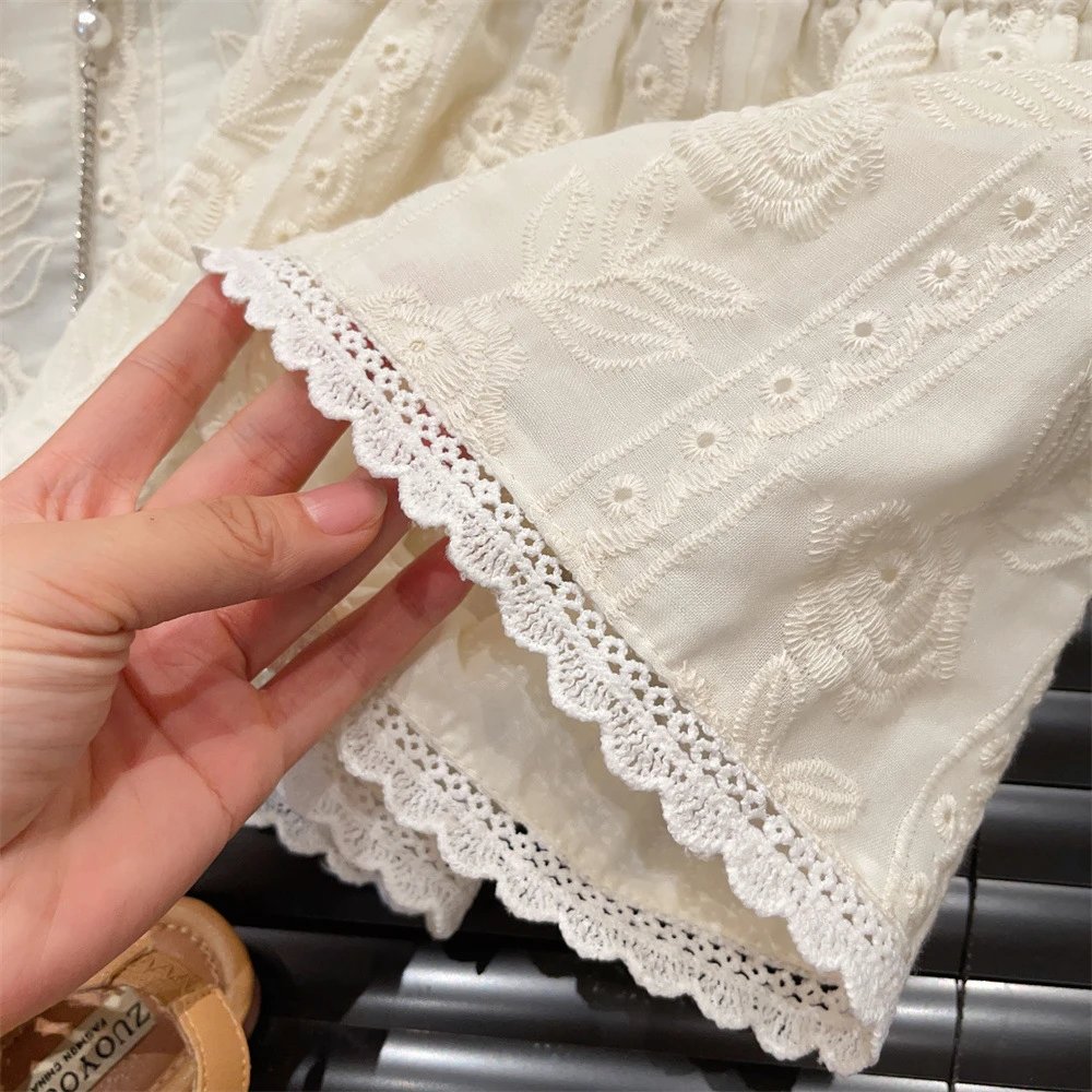 Design White Eyelet Lace Embroidery Two-Piece Set Shorts and Top Sets - 20