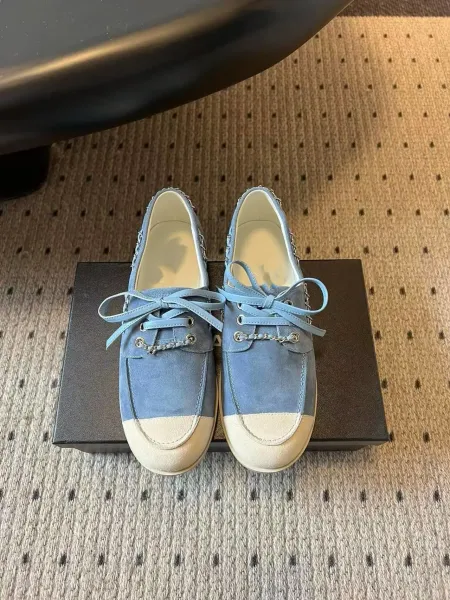 Chanel Boat Shoes Light Blue Suede Two-Tone with Chain Detail - 1