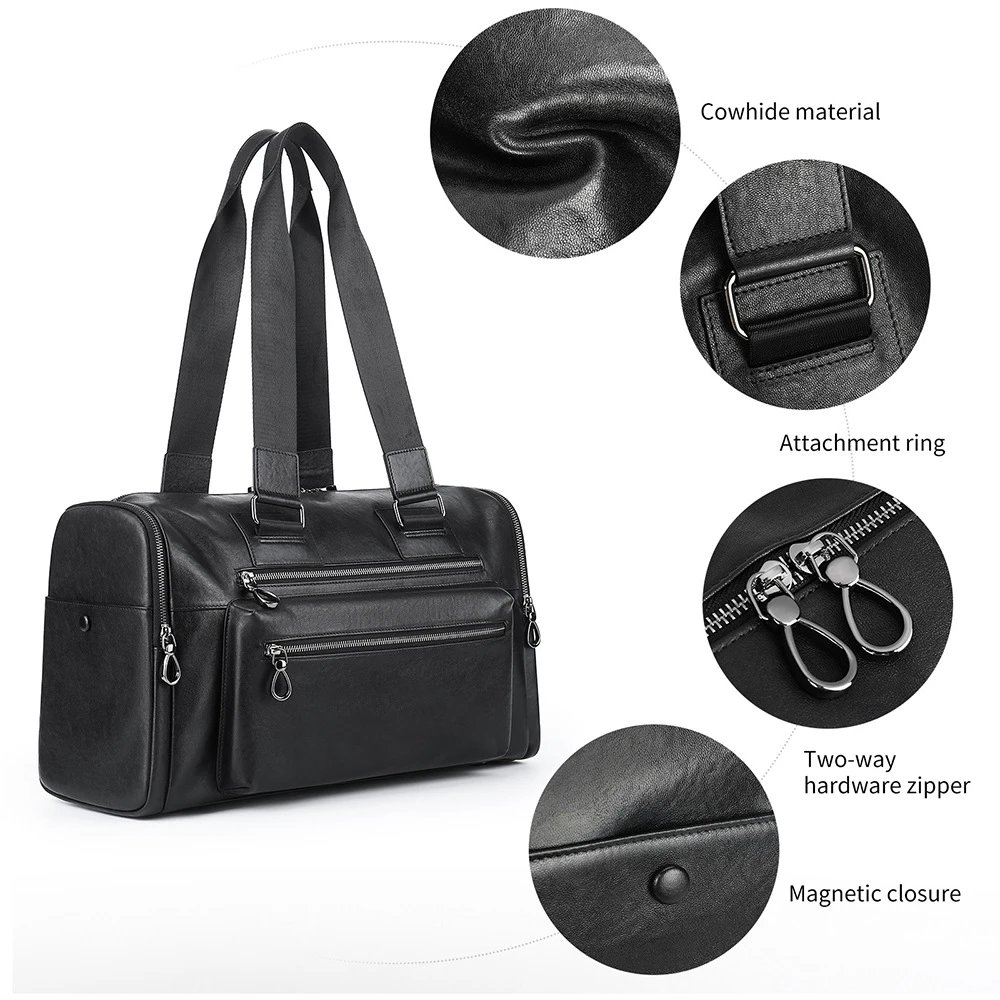 Leather Duffel Bag Black Multi-Zipper Travel Tote
