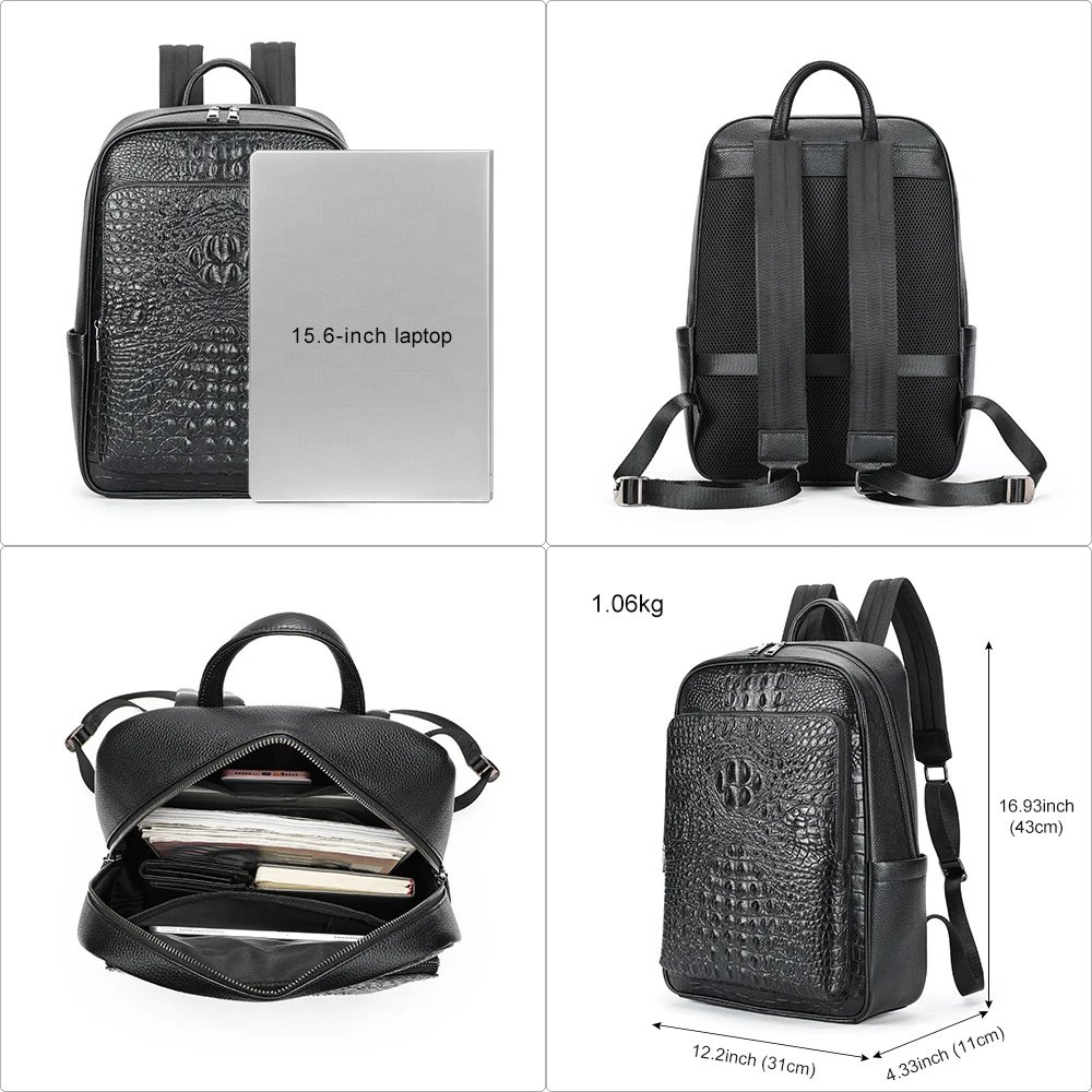 Crocodile Texture Black Leather Business Backpack