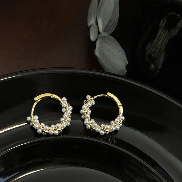 Gold Tone Pearl Hoop Earrings White Classic