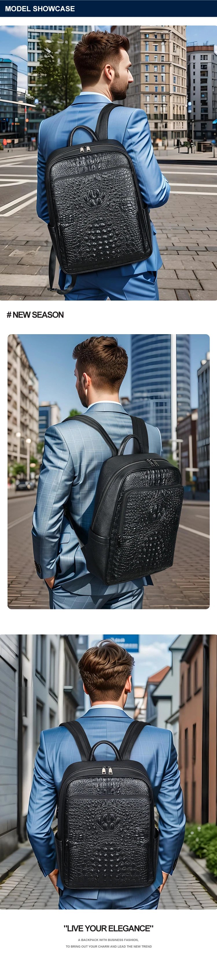 Design Crocodile-Embossed Leather Backpack Black - 7