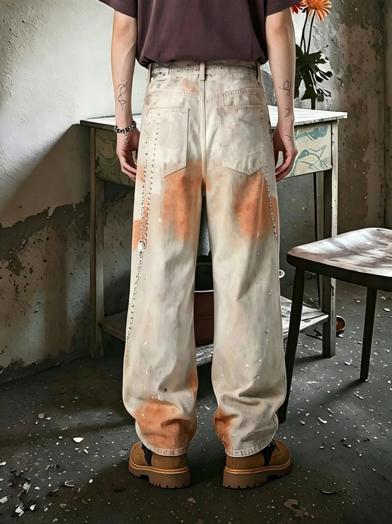 Design Distressed Paint-Splatter Wide-Leg Pants with Heart Patch Beige - 4