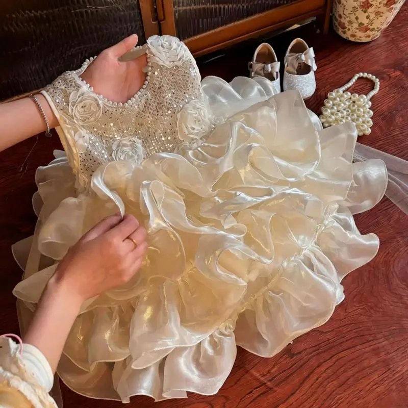 Design Embellished Sequin Bow Tiered Dress in Ivory - 2