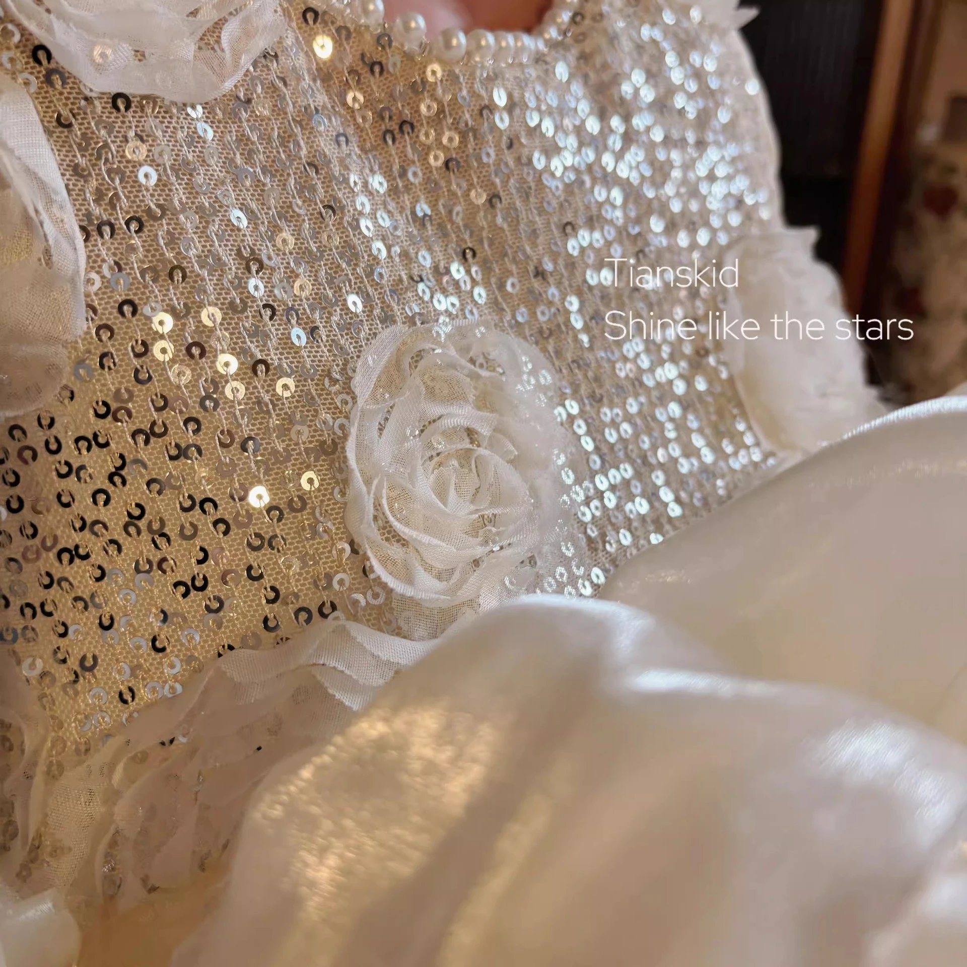 Design Embellished Sequin Bow Tiered Dress in Ivory - 5