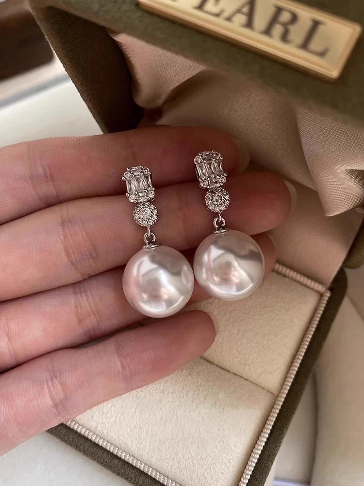 Design Platinum Gray 12MM Pearl Earrings with Baguette and Round CZ Jewelry - 2