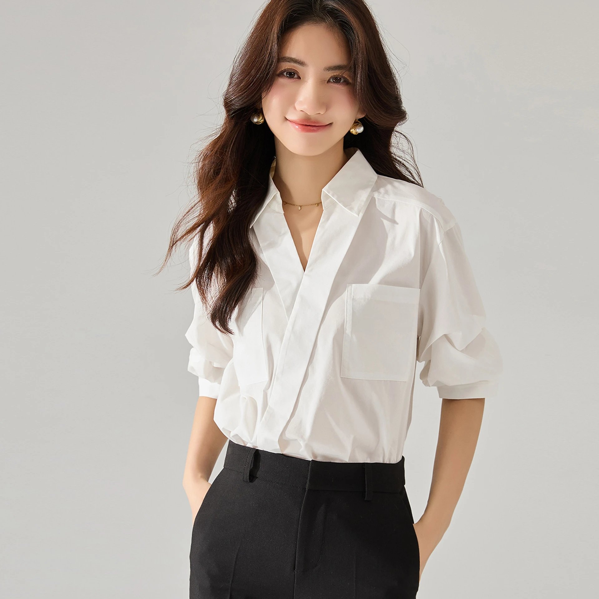 White Cotton Blouse With Puffed Sleeves And Chest Pocket