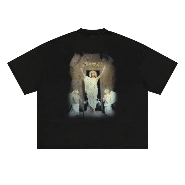 Design Cross Print Acid Wash Black Cropped T-Shirt - 16