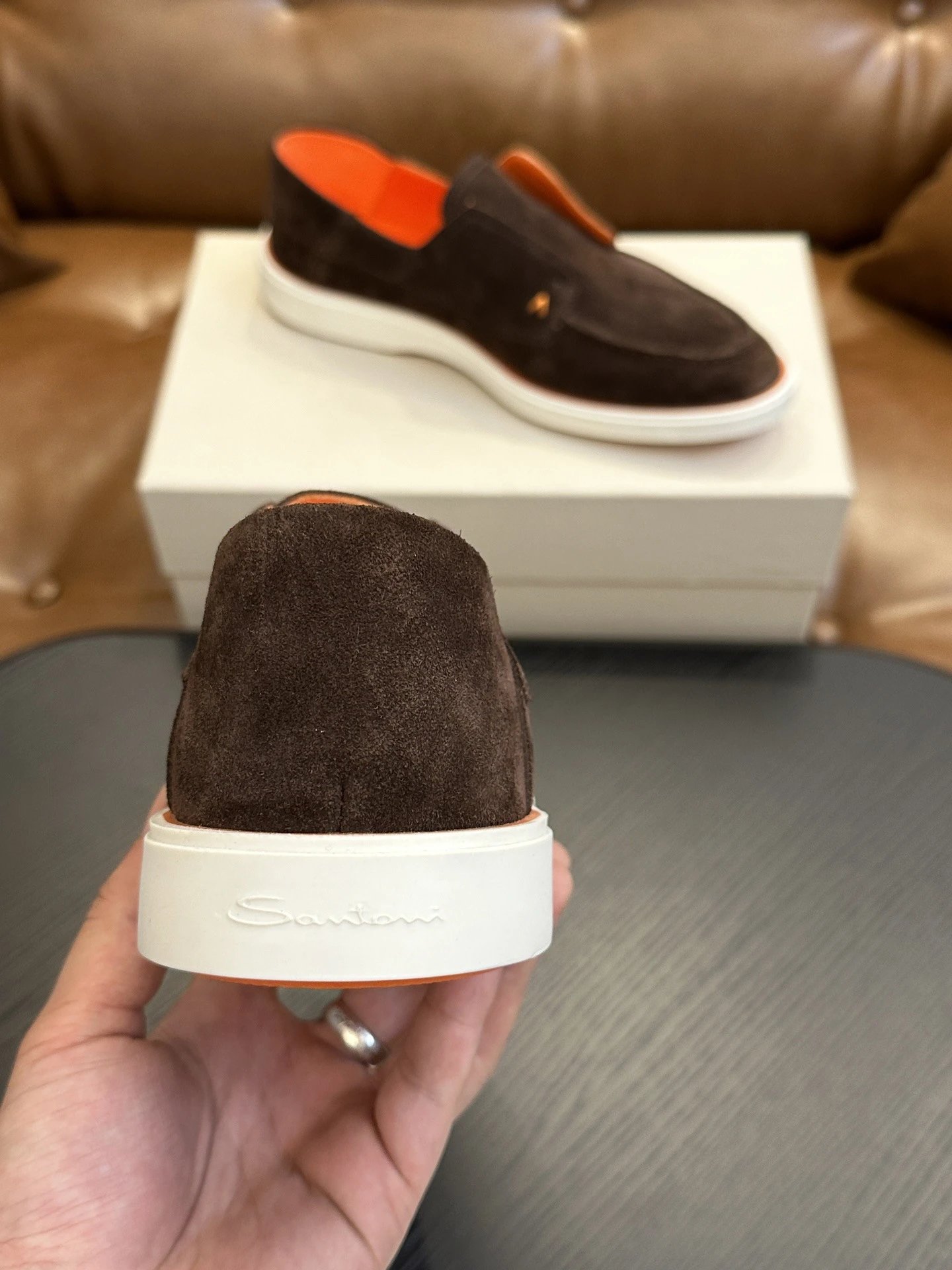 Design Santoni Loafer Slip-On Olive Green Suede with Orange Sole Casual Shoes Loafers - 7