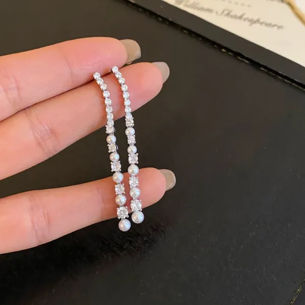 Design Pearl and Crystal Linear Drop Earrings Silver Jewelry - 6
