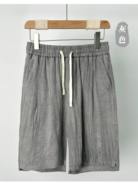 Design Linen Drawstring Shorts Beige Shorts - 11