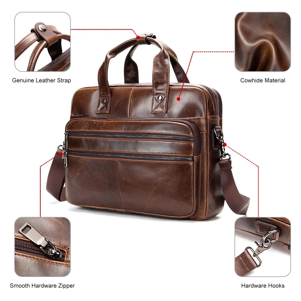 Brown Leather Business Briefcase with Multiple Zippers and Detachable Strap
