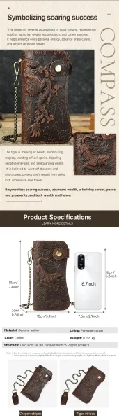 Design Hand-Carved Tiger Leather Long Wallet Brown Long Wallet - 4