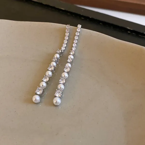 Design Pearl and Crystal Linear Drop Earrings Silver Jewelry - 11