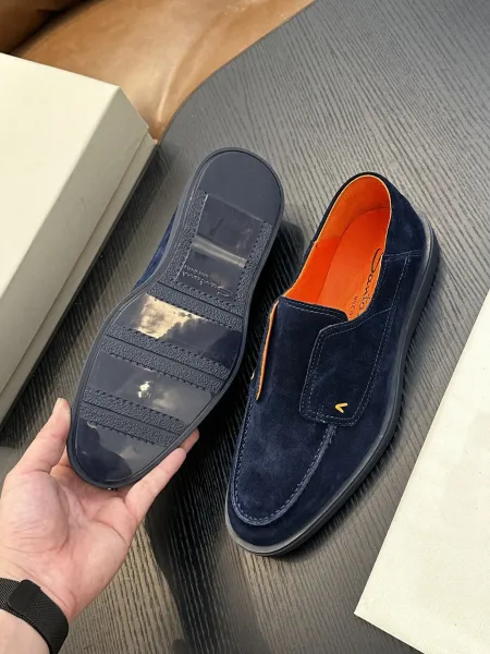 Design Santoni Loafer Slip-On Olive Green Suede with Orange Sole Casual Shoes Loafers - 38