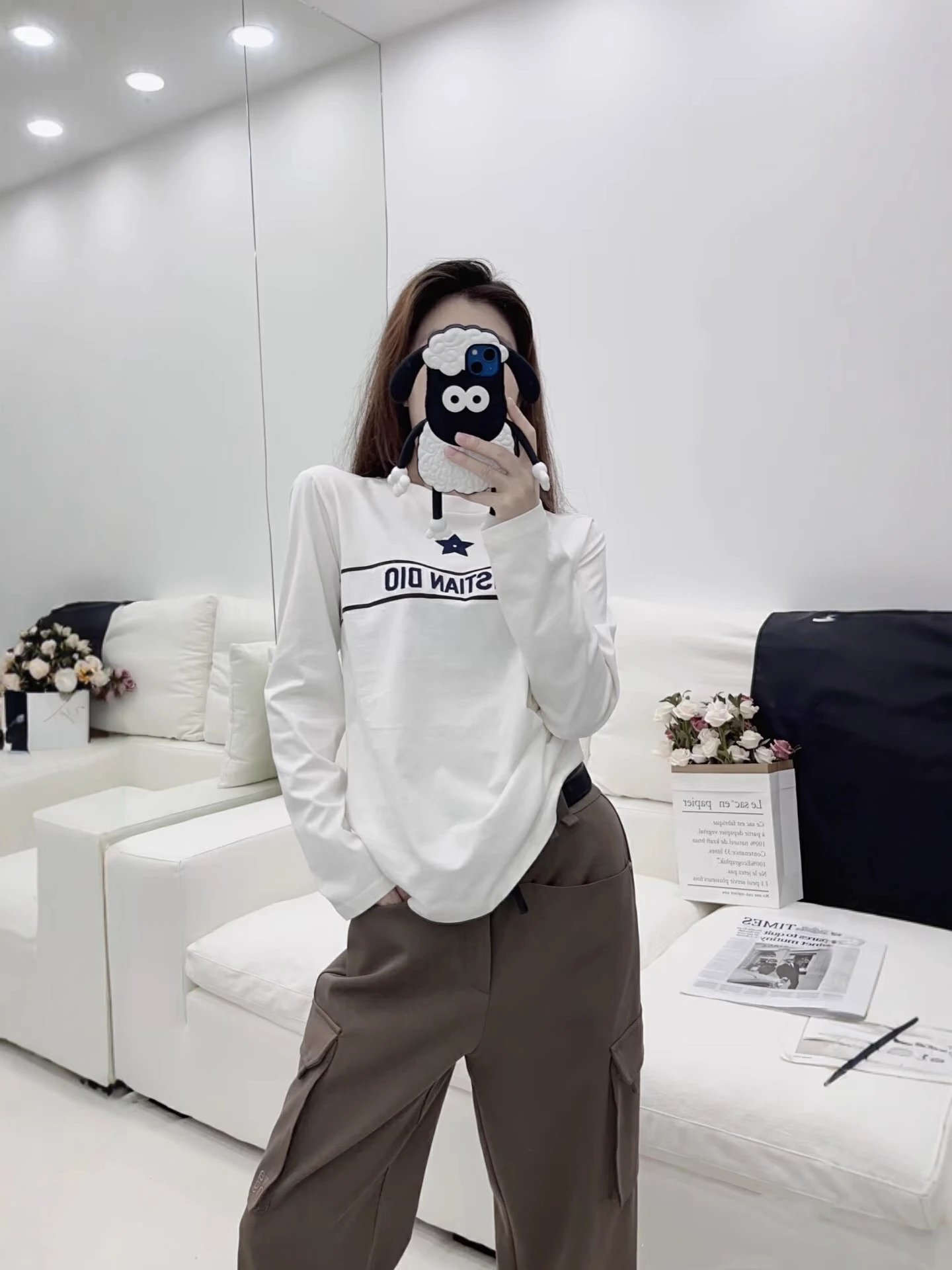 White Long Sleeve Tee with Star and Reversed Text Brown Cargo Pants Set