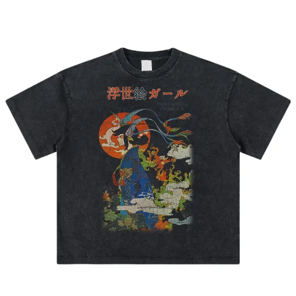 Design Ukiyo-e Girl Black Acid Wash T-Shirt - 1