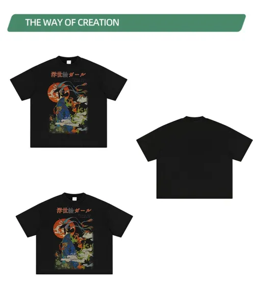 Design Ukiyo-e Girl Black Graphic T-Shirt - 11
