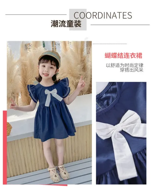 Design Bow Detail White Dress with Navy Trim Kids Dress - 2