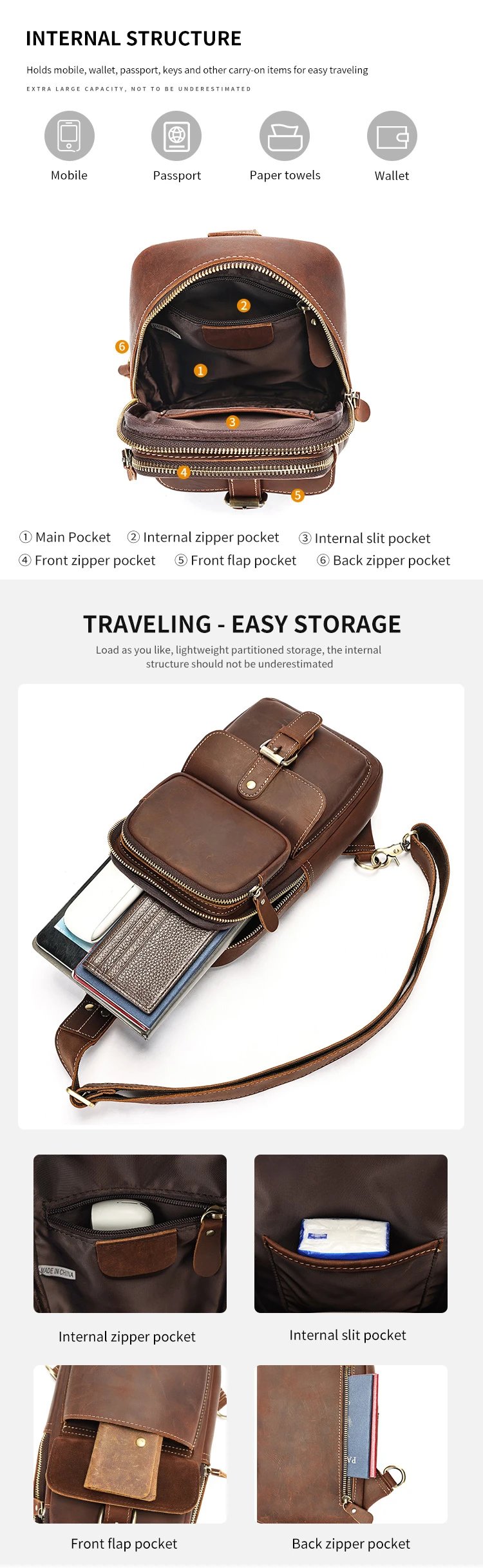 Design Vintage Leather Chest Bag Brown Crossbody Bags - 6
