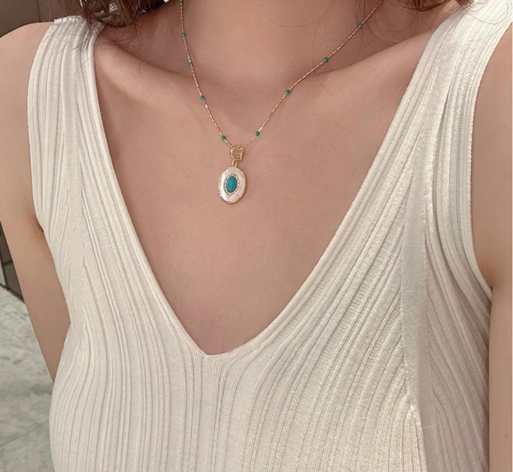 Design Pearl Necklace with Turquoise and Mother-of-Pearl Pendant Gold-Tone Jewelry - 4