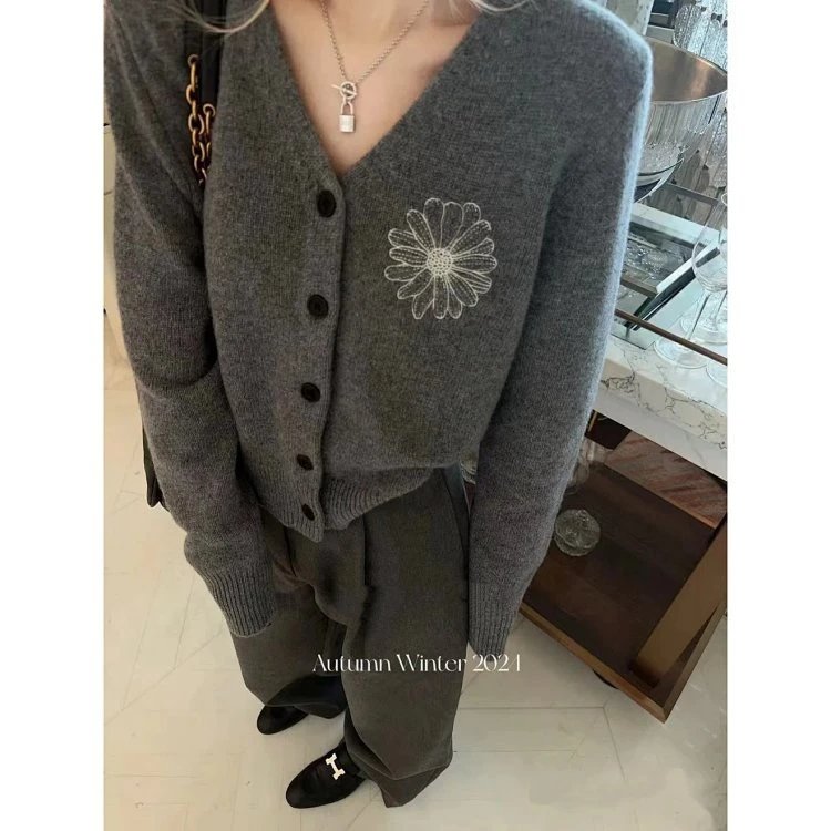 Knit Cardigan Gray Beige Pink Floral Embroidered V-Neck