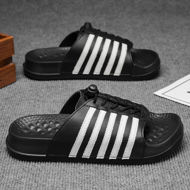 Design Adidas-Style Striped Slide Sandals Black White Slippers