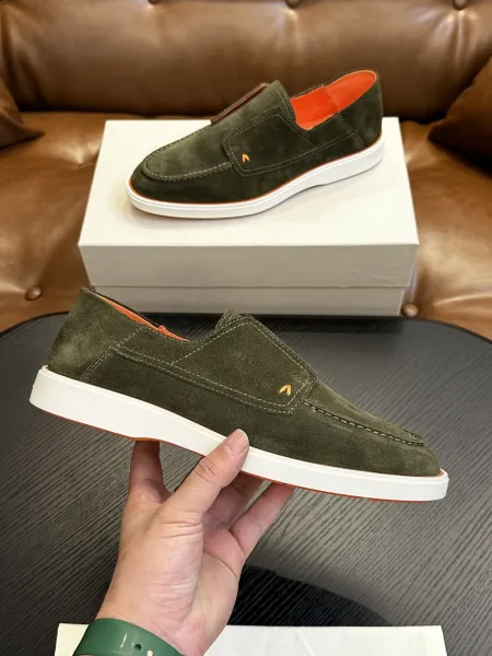 Design Santoni Loafer Slip-On Olive Green Suede with Orange Sole Casual Shoes Loafers - 15