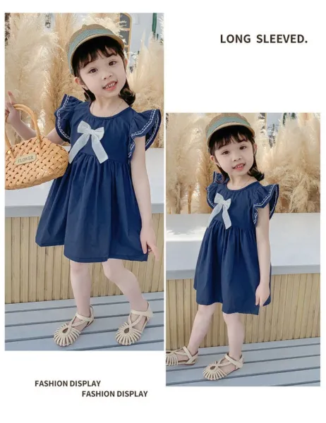 Design Bow Detail White Dress with Navy Trim Kids Dress - 16