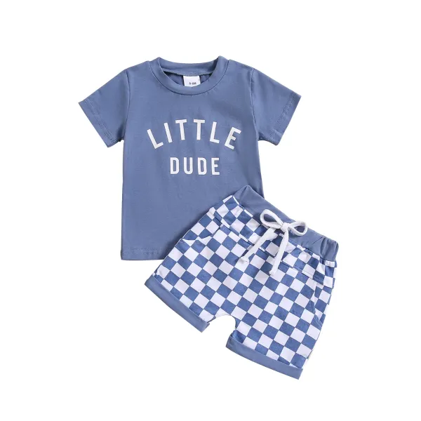 Design Little Dude Green Graphic T-Shirt and Checkerboard Shorts Set - 4