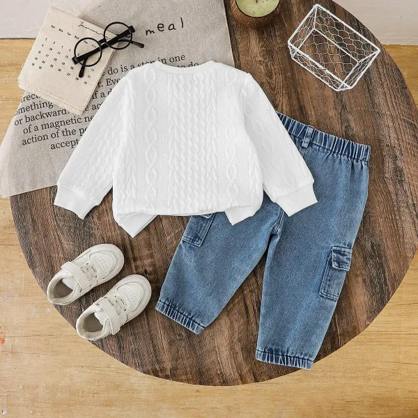 Design Cable Knit Sweater with 'What?' Patch + Cargo Jeans + White Velcro Sneakers Set Casual Set - 2