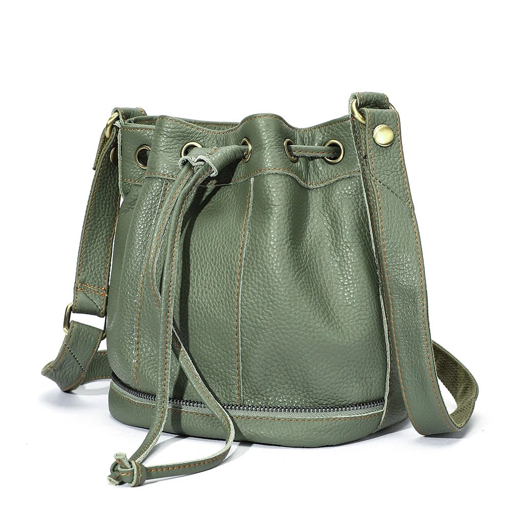 Genuine Leather Olive Green Drawstring Bucket Bag