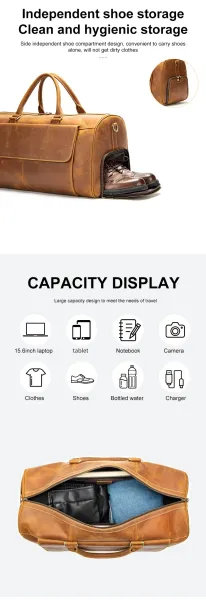 Design Vintage Leather Duffle Bag Tan Travel Bag - 7