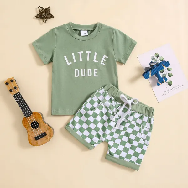 Design Little Dude Green Graphic T-Shirt and Checkerboard Shorts Set - 13