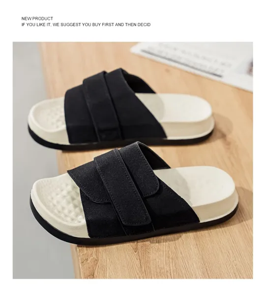 Design Two-Strap Slide Sandals Beige and Black Slippers - 16