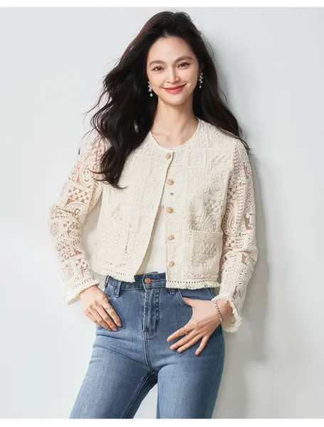 Design Lace Cropped Cardigan Beige Outerwear - 21