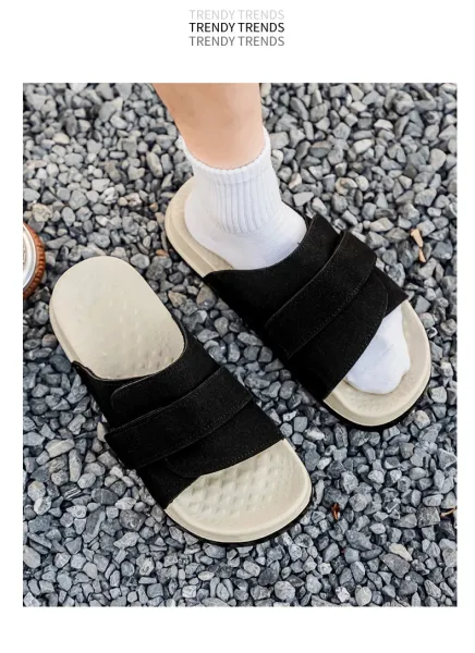Design Two-Strap Slide Sandals Beige and Black Slippers - 17