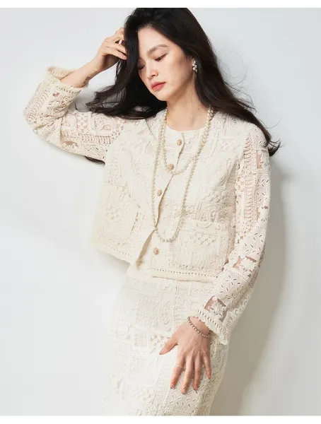 Design Lace Cropped Cardigan Beige Outerwear - 14