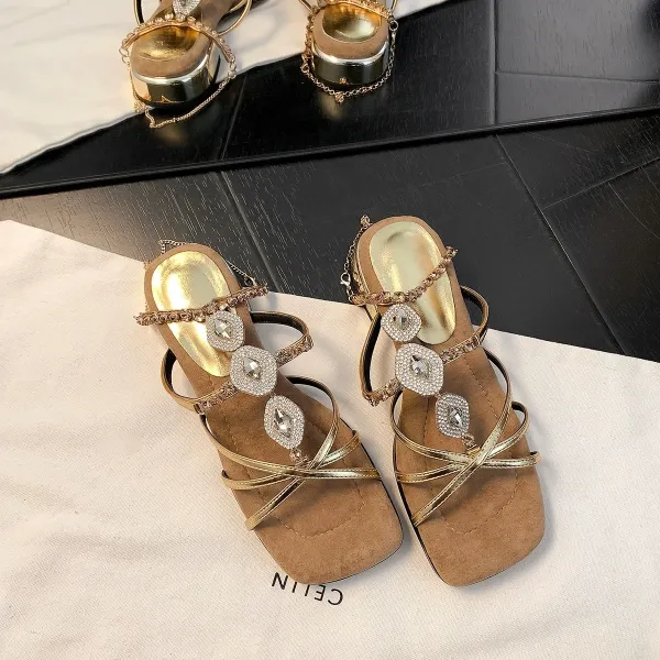 Design Crystal-Embellished Gold Strappy Mules Sandals - 6