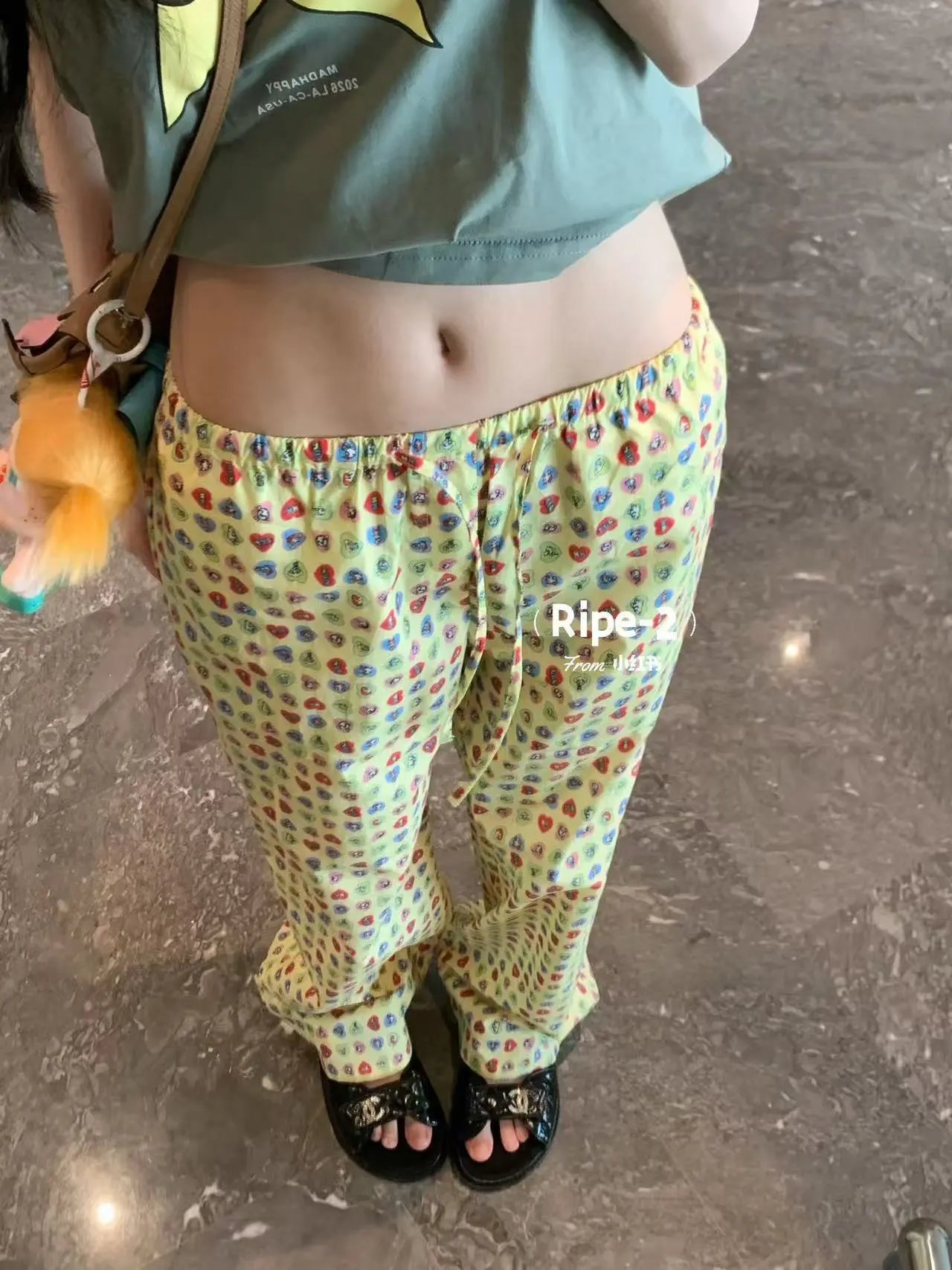 Design Heart Print Wide-Leg Pants Yellow - 20
