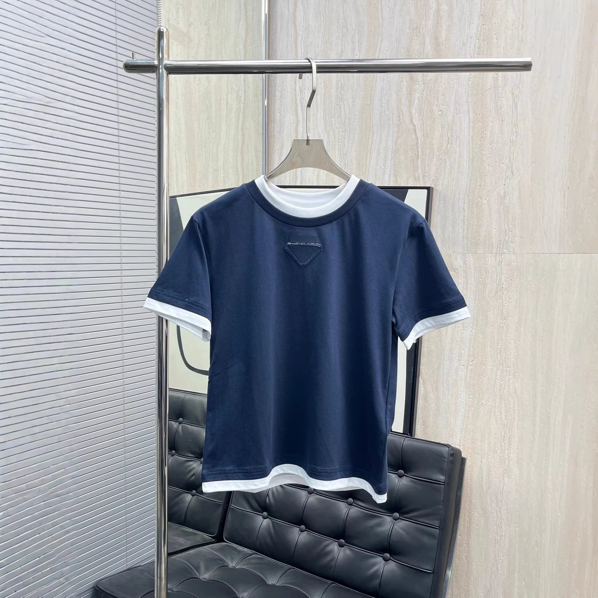 Prada Logo Patch Gray Heathered Cotton Crewneck T-Shirt