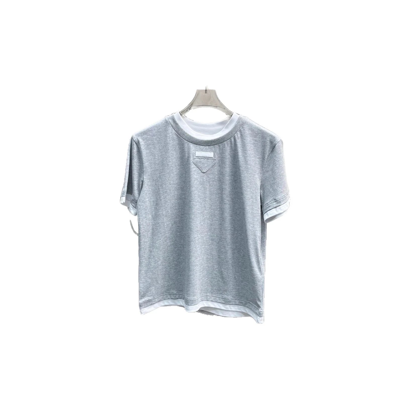 Prada Logo Patch Gray Heathered Cotton Crewneck T-Shirt