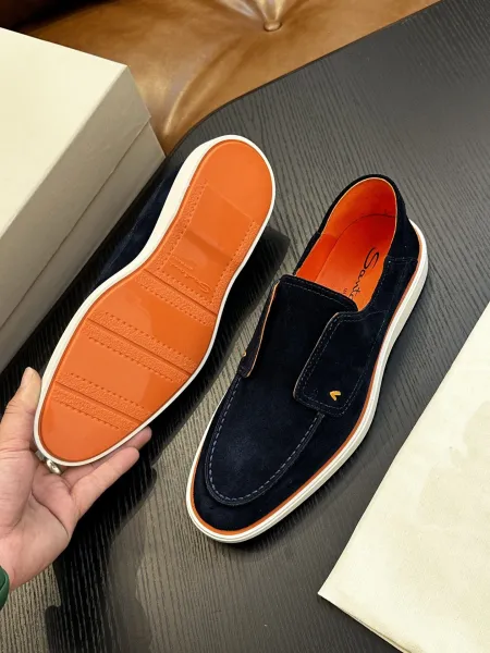 Design Santoni Loafer Slip-On Olive Green Suede with Orange Sole Casual Shoes Loafers - 23