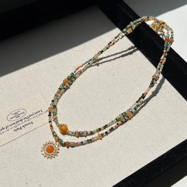 Design Beaded Gemstone Necklace with Amber Center Stone Jewelry - 10