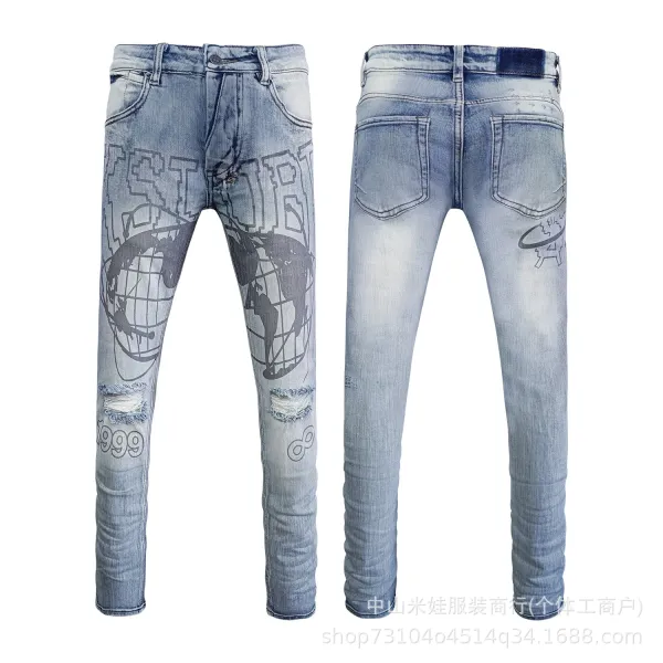 Design Graphic Print Distressed Slim Fit Jeans Light Blue - 1