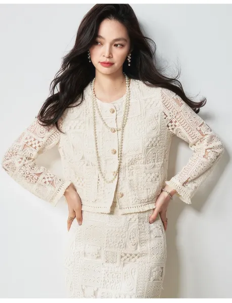 Design Lace Cropped Cardigan Beige Outerwear - 16