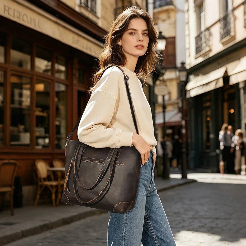 Leather Tote Bag Dark Brown Vintage Style