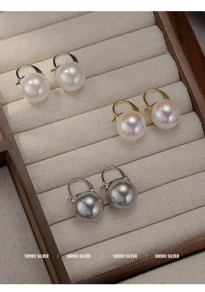 Design Pearl Hoop Earrings Silver White Jewelry - 16
