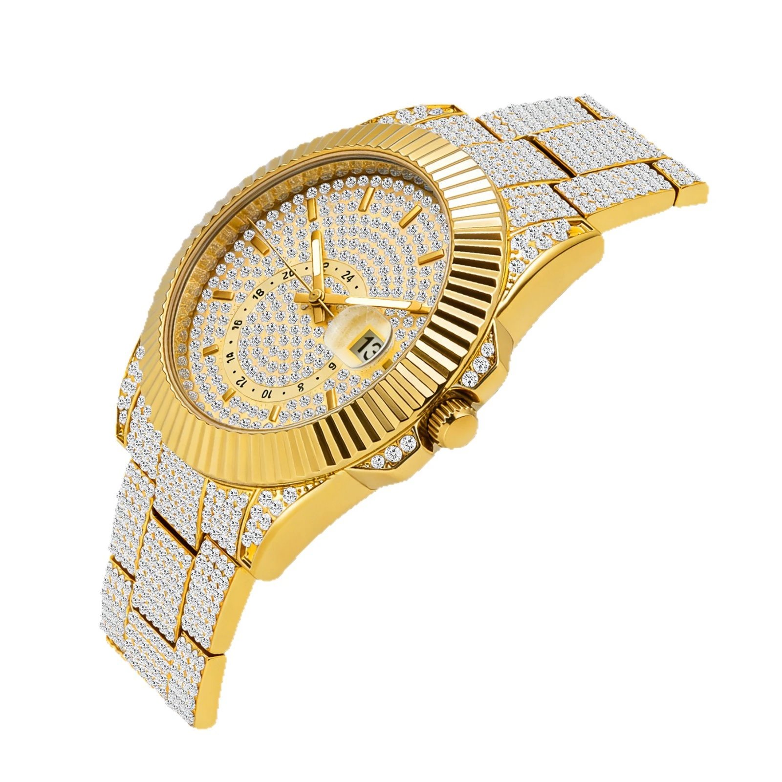Luxury Fully Diamond-Encrusted Men's Watch Silver Gold Classic Curb Link