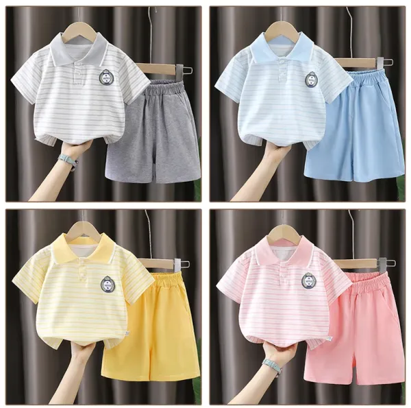 Design Striped Polo Shirt and Gray Shorts Set Kids - 13